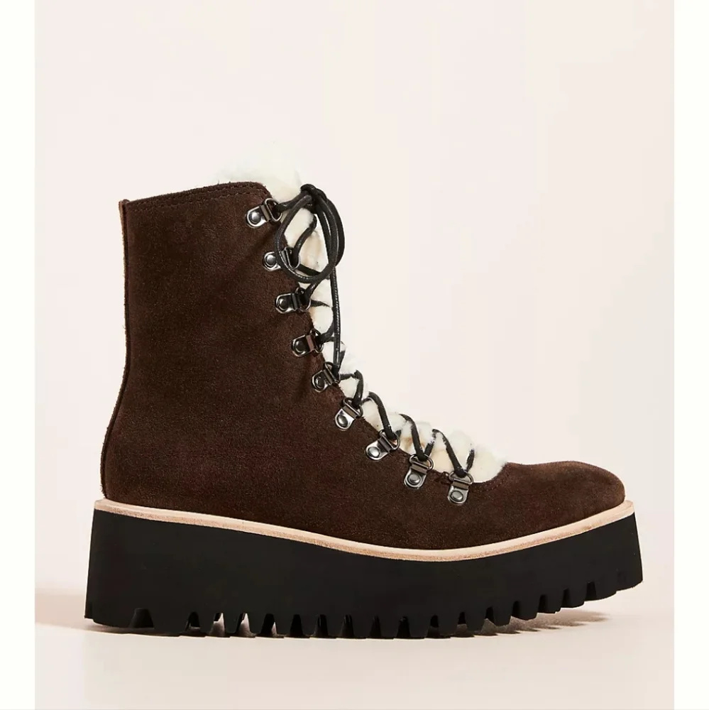 Anthropologie All Black Sherpa Lace-up Boots - Brown - Picture 1 of 11